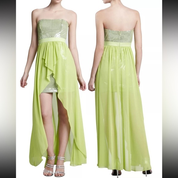 Cache Dresses & Skirts - Cache Bright Green Sequin Chiffon Strapless High-Low Maxi/Mini Dress Size 4 Lime